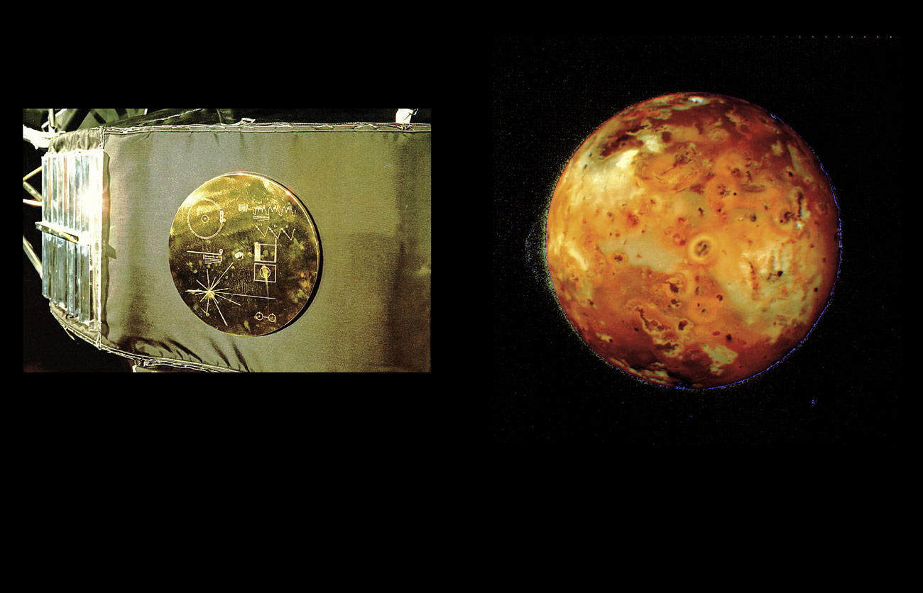 Voyager – The Grand Tour - The disc’s protective cover mounted on the exterior of the probe (NASA/JPL). | An image of Io, a moon of Jupiter, taken by Voyager 1 (NASA/JPL).