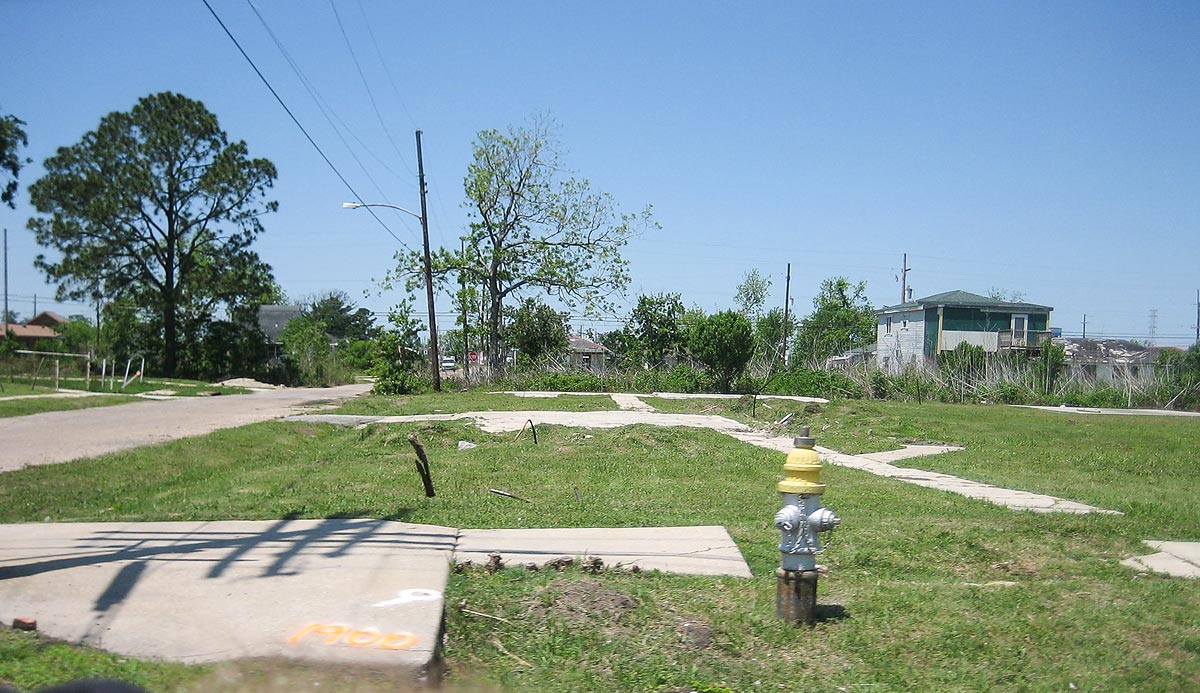 KATRINA - Lower Ninth Ward was hitten hardest by the hurricane. Only concrete driveways and supley structures remain on many housing lots.
